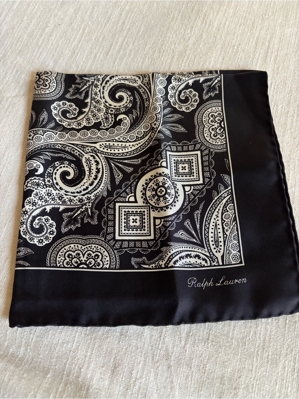 Ralph Lauren Black and White Paisley Silk Pocket Square 18”x18”